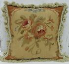 Wool Needlepoint Throw Pillow Cover Handmade Rose Accent Cushion 14x14 w Tassels