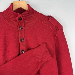 Burberry Men's XL Red 1/4 Button Merino Wool Sweater Mock Neck Epaulettes Italy - Picture 1 of 6
