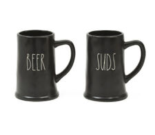 Rae Dunn BEER & SUDS Black Ceramic Steins Pint Size Mugs Father Husband Gift NWT