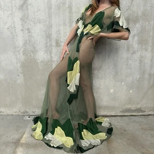 Vintage 1930s Green Net & Jersey Rayon Appliqué Gown Art Deco Full Length - Picture 1 of 23