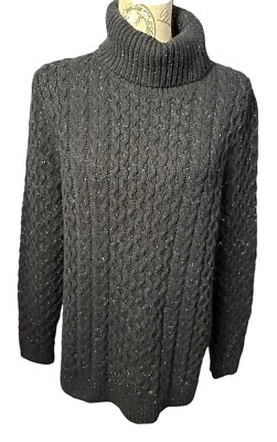 LANDS’ END Woman’s Black  Cable Knit Fisherman’s Turtleneck Sweater Sz Xlarge - Image 1 of 4