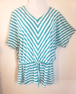 Tunic top Women's Plus Size XXL Bust 52" Turq Stripes Drawstring Faded Glory - Picture 1 of 4