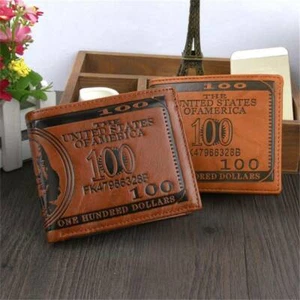 Men's US 100 Dollar Bill Leather ID Window Bifold Card Holder Wallet Purse US - Picture 1 of 14