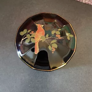 Otagiri Vintage 60s Red Cardinal on Black Porcelaine Round Trinket Box Japan - Picture 1 of 8