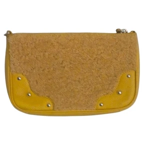 Vibrant Yellow Fuzzy Leather Clutch Bag Wristlet With Studs & Zip Pocket - Picture 1 of 9