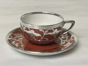 Antique Art Deco Rosenthal Silver Overlay Red Cup/ Saucer Demitasse 1 1/2" Selb - Picture 1 of 14