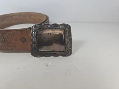 复古 Justins 压花皮革腰带带纯银和玛瑙扣 — 第 1/4 张图片