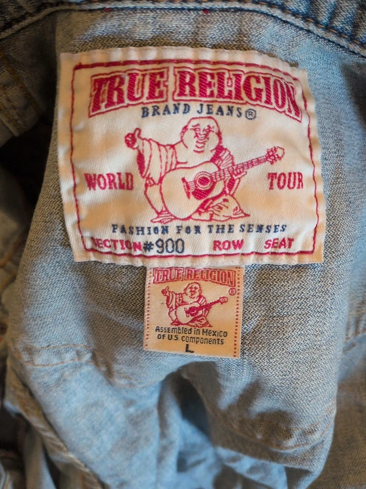 Jaqueta jeans True Religion World Tour seção #900 caminhoneiro lavagem leve desgastada - Imagem 1 de 4