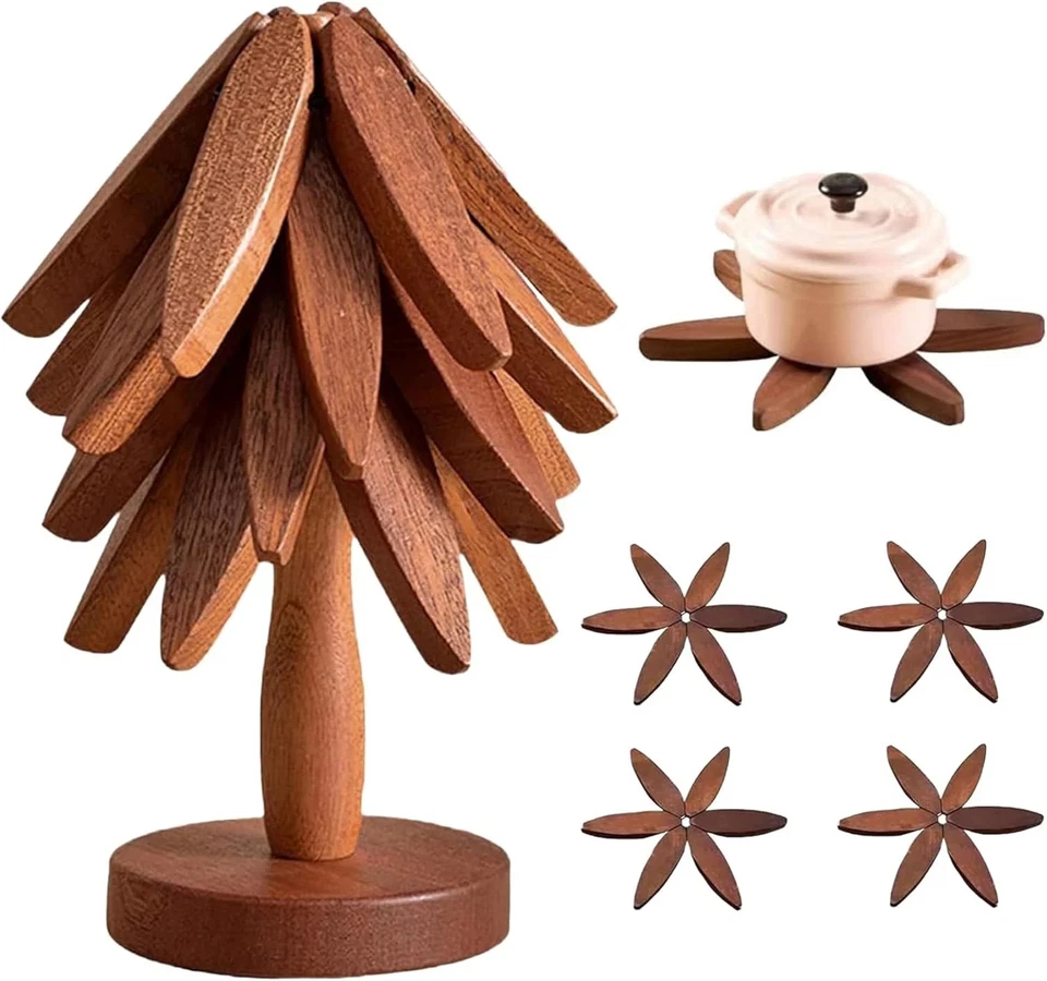 Remaches de madera para platos calientes, juego de remaches en forma de árbol con soporte, resistente al calor Foto 1 de 4