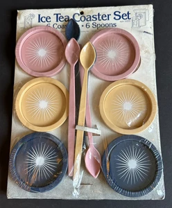 Vintage Gessner Products Ice Tea 6 Coasters And 5 Spoons Set Starburst Plastic - Picture 1 of 6