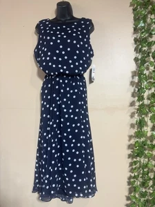 MSK Kleid Damen 16 Fit & Flare blau & weiß gepunktet Gürtel transparent & gefüttert Neu mit Etikett - Bild 1 von 11