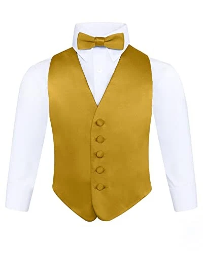  Boys 3 Piece Backless Formal Vest Set – Includes Vest, Bow Tie, Large Gold - Image 1 of 4