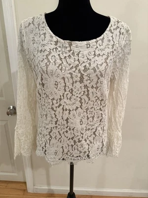 玫瑰 + 橄榄上衣女式 M 码奶油色蕾丝衬里套衫长袖 — 第 1/4 张图片