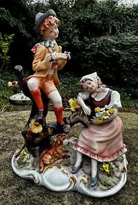 Rare Vintage Tiziano Galli Capodimonte Ornament Boy Playing Accordian Girl & Dog - Picture 1 of 5