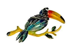 Brooch Toucan Enamel Multicolour Bird Blue Rhinestone - Picture 1 of 14