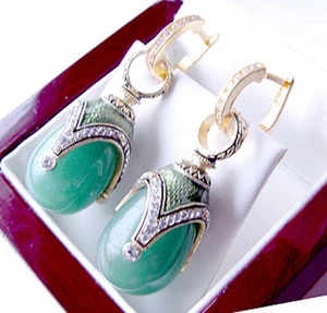 SALE ! EXQUISITE EARRINGS STERLING SILVER 925 with GENUINE JADE and ENAMEL 24K - Picture 1 of 1