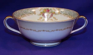 BEAUTIFUL NORITAKE CHINA HANDLED CREAM SOUP BOWL N71 GREEN PANELS M MARK ca1933 - Picture 1 of 6