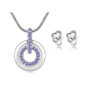 Collar colgante círculo púrpura para damas con juego de pendientes corazón de amor a juego - Imagen 1 de 2