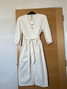 ZARA Dress Linen Midi Rustic Button Down Front Bow Dress Oyster White XXL UK16 - Picture 1 of 6