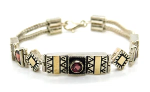 Artistic 925 Sterling Silver & Garnet Geometric Link & Double Chain Bracelet - Picture 1 of 12