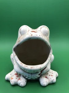 VTG MCM 70s Ceramic Orange Tan Speckled Drip Glaze Big Mouth Frog Sponge Holder - Picture 1 of 6