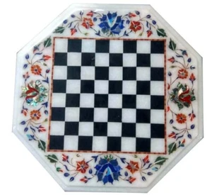 15" white Marble chess Table Top Inlaid semi precious stones art decor - Picture 1 of 1