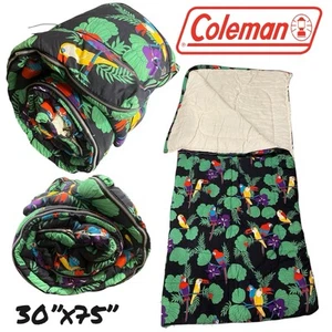 Vtg Coleman Sleeping Bag Parrots Tropical Floral Black Toucans 90s Adults 30x75 - Picture 1 of 13