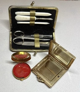 Vintage Art Deco Compact, Rouge Compact, 6 Pc Nail Manicure Set Lot - Picture 1 of 7