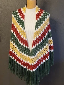 Handarbeit 70er Jahre Häkelschal rot/grün/gold/weiß mit Fransen One Size - Bild 1 von 7