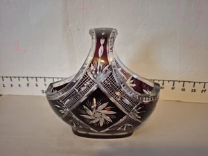 Cesto vintage ceco boemo rosso intenso taglio a cristallo trasparente manico splendido - Foto 1 di 17