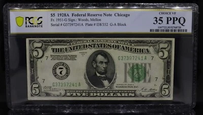 1928A $5 FRN Chicago Fr#1951-G PCGS 35 PPQ - Image 1 of 2
