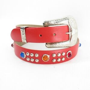 Western Bling Belt Women S M Red Faux Leather Colored Gems Studs Horn Buckle Tip
