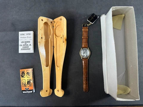 Lou Gehrig & Cal Ripken Jr. LE Waltham Adjustable Watch w/Original Wood Bat Case Cover