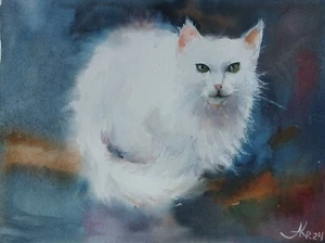 White Cat Painting, Animal Watercolor Original Painting 9х12in - Picture 1 of 3