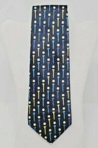 Eddie Bauer Silk Mens Necktie Tie A|K|A Golf Tees Balls Blue Navy Yellow Suit - Picture 1 of 6