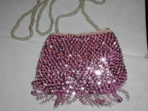 PINK SEQUIN PURSE WITH FRINGE SMALL EVENING BAG PROM FORMAL AFFAIR NEW GLITTERNG - Picture 1 of 5