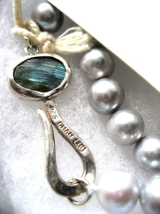 Chan Luu Necklace Pearl Silver Gray Large Abalone Sterling Odyssey Logo Hook NWT - Picture 1 of 11