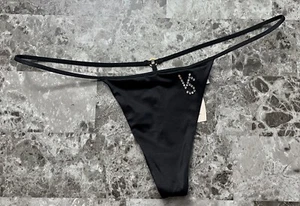 NWT VICTORIA'S SECRET M BLACK VS LOGO SMOOTH VINTAGE RARE TINY V STRING PANTIES - Picture 1 of 4