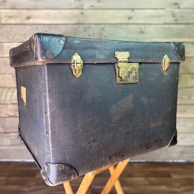 ANTIQUE Edwardian Luggage Trunk, Vintage Hat Storage Box, Old Travel Chest + Key - Image 1 of 4