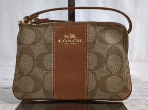 Coach Saddle Brown Signature CC Coated Canvas Stripe Wristlet Pouch Wallet - Bild 1 von 7
