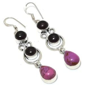 Copper Purple Turquoise, Black Onyx Gemstone 925 Silver Earring 2.68 " j702 - Picture 1 of 8