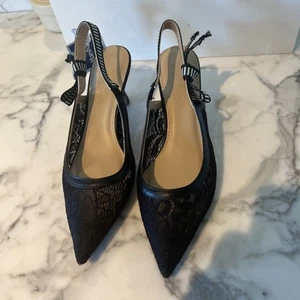 New NICOLE MILLER BOBOS BLACK LACE slingbacks heels w/stripe strap & bow 8 - Picture 1 of 8