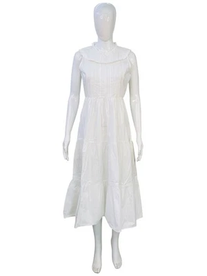 Doen Women's Pleated Sleeveless White Cotton Ruffled Long Midi Maxi Gown Dress S - Image 1 of 4