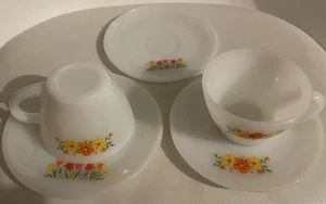 Vintage Milk Glass Fire King 2 teacups, 2 saucer Orange & Yellow Floral - Picture 1 of 10