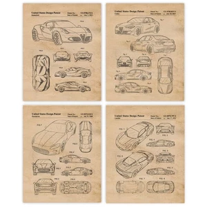 Classic Alfa Romeo Maserati Car Patent Prints, 4-8x10 Art Decor Home Work Office - Picture 1 of 10