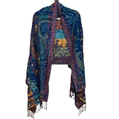 Mantón con flecos envolvente bordado hilo cachemir 28x75" rectángulo multicolor arte boho Foto 1 de 4