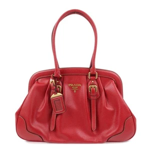 Authentic PRADA Logo Leather Hand Bag Shoulder Bag Red BR3508 Used F/S - Picture 1 of 24