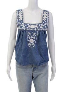 Lovers + Friends Women's Square Neck Embroidered Chambray Blouse Blue Size M - Picture 1 of 6
