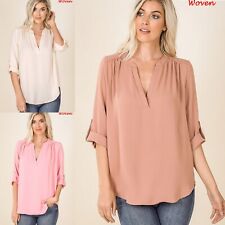 1X 2X 3X Split V Neck Rolled 3/4 Sleeves High Low Rounded Hem Woven Top Tunic
