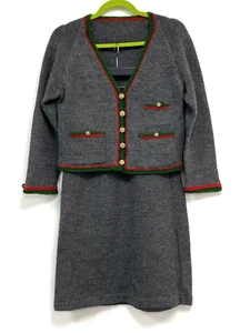 Gonna vintage tuta cardigan fatto a mano maglia lana grigio design unico - Foto 1 di 14